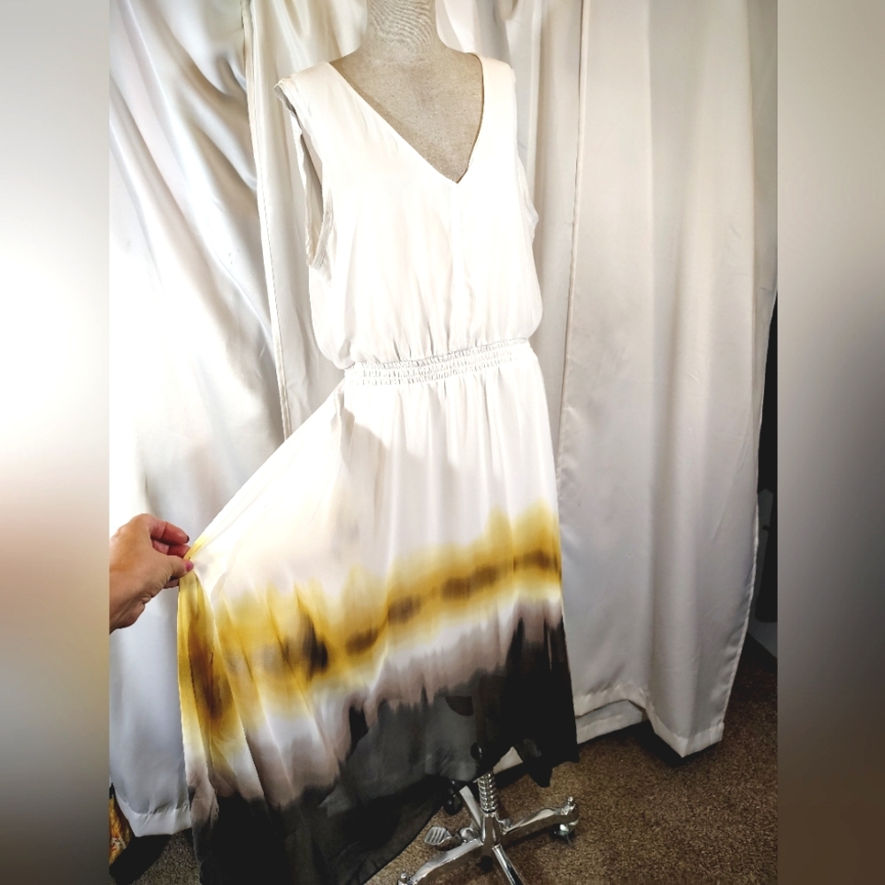 Simply Vera Maxi Dress, Sleeveless, White & Yellow tie dye, Asymmetrical Hem, XL